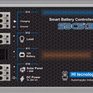 SBC513 fonte nobreak 12V para trilho DIN, vista frontal com bornes X10 a X13 e LEDs de sinalização